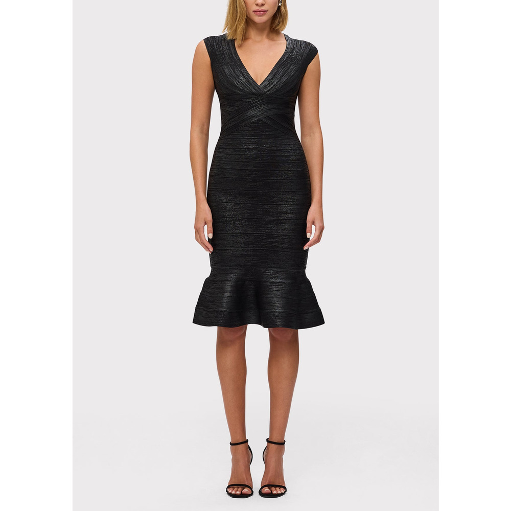 Herv� L�ger 'The Metallic Sophie' Black V Neck Cap Sleeve Dress Size M - NWT